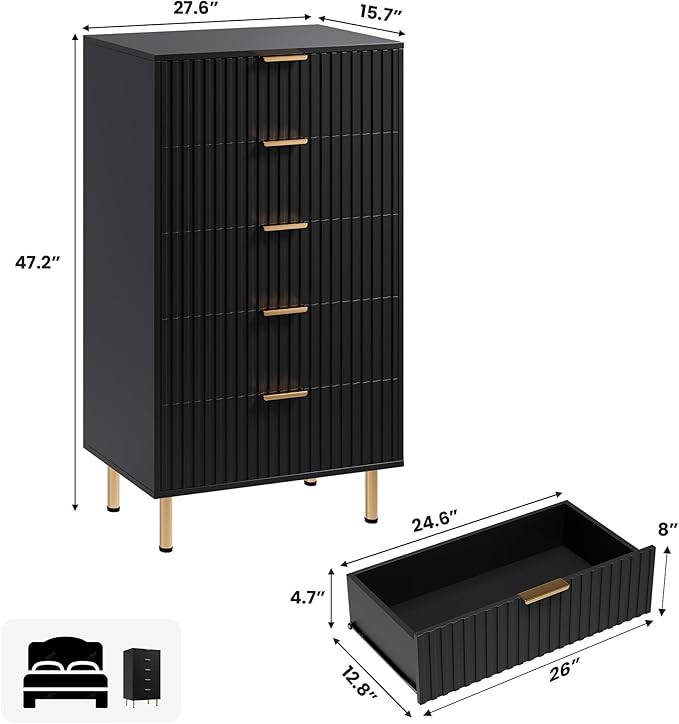 5 Drawer Dresser for Bedroom, 48" Tall Modern Chest of Drawers with Deep Drawers and Wide Top, Fluted Wooden Dresser Organizer for Living Room, Hallway, Kids Room, Black