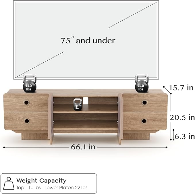 66" Fluted TV Stand, Boho TV Consoles for Living Room, Modern Entertainment Center with Storage, Media Console Cabinet for 75 inch TV(Oak)