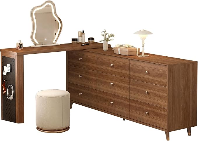 Makeup Vanity Desk Set with Cloud-Pattern HD Lighted Mirror and Stool, 70-110in Extendable Modern Vanity Table, 9-Drawer Solid Wood Frame Storage Cabinet, Bedroom Dressing Table, Brown