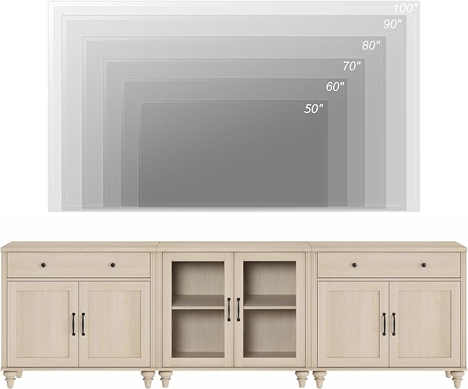 WAMPAT Farmhouse TV Stand for 100 Inch TV, 3-in-1 TV Console Table for 75/80/85/90 Inch TV, Entertainment Center with Glass & Wood Door, Kitchen Sideboard Buffet Cabinet for Dining Room, Light Oak