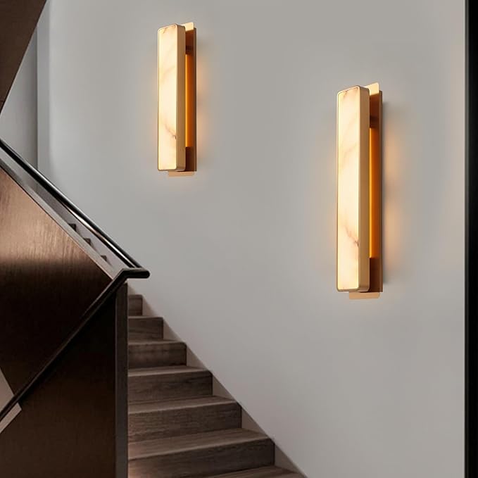 Modern LED Natural Alabaster Gypsum Wall lamp 15W Warm Yellow 2700K Wall Mounted Wall lamp Indoor sucelating Alabaster Gypsum Wall Mounted Lighting Suitable for Living Room (Imitation Brass Color)