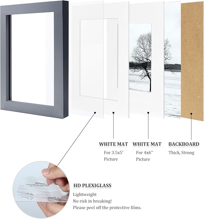 Egofine 4x6 Picture Frame Made of Solid Wood with Plexiglass, Display Pictures 3.5x5 with Mat or 4x6 Without Mat for Tabletop and Wall Mounting, Dark Grey