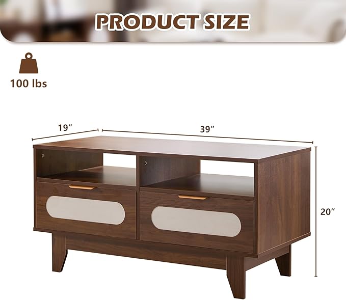 CANMOV 39 inch Mid Century Coffee Table with 4 Drawers and 2 Shelve, Rectangle Wooden Wood Coffee Table for Living Room,Walnut