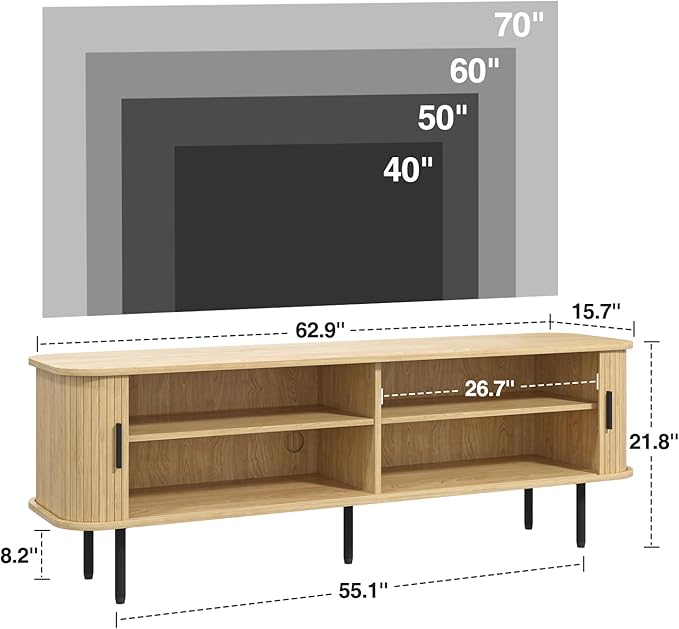 63" Natural Fluted TV Stand for TVs up to 75 Inch, Gaming Entertainment Center with Tambour Slatted Sliding Doors and Storage Cabinet, Media TV Consoles Table for Living Room, Office