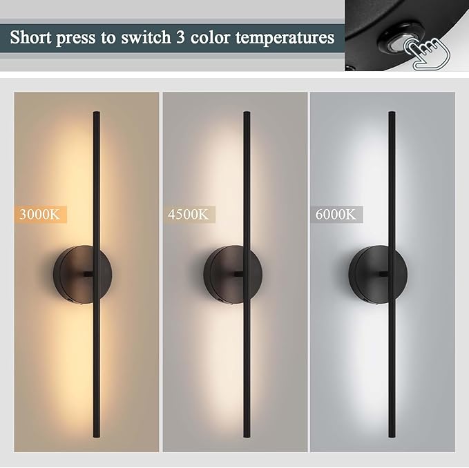 Wireless USB Rechargeable LED Wall Sconce Light (Set Of Two), Cordless Dimmable 3-light option, 360⁰ Rotateable with Remote Control for Bedroom, Bathroom, Living Room & Hallway. 28.3 inches (Black)