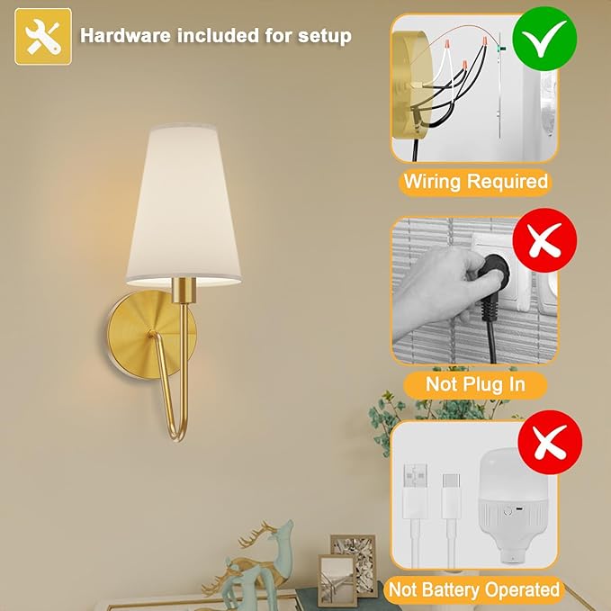 Electro bp;Single Head Classic 1 Light Wall Sconce Lighting Fixture Gold with Cream White Linen Fabric Lamp Shades E12 40W Hardwired (Set of 2);