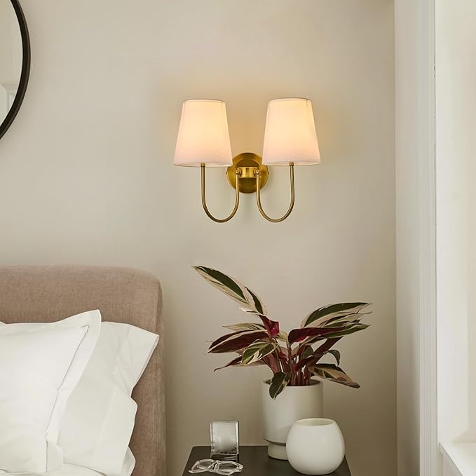 Hardwired White Fabric 2 Light Wall Sconce – Double Headed Cloth Shade Fixture for Bedroom, Bathroom & Hallway (Direct Wire)