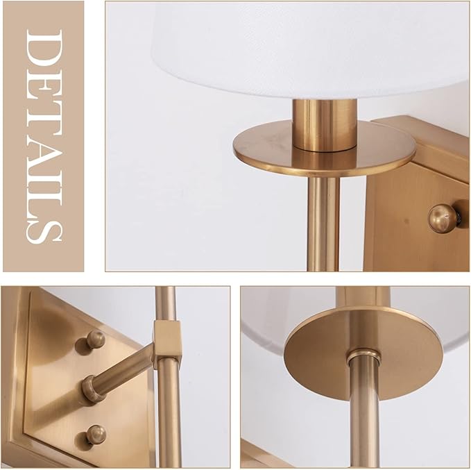 VILUXY Modern Wall Sconces Antique Brass Brush Paint Finish Bedside Wall Sconce Lighting Fixture with White Fabric Shade for Bedroom, Hallway, Entryway, Passway, Bathroom, Vanity 2 Pack