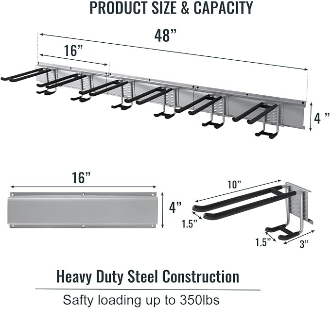 Wall Mount Tool Storage Rack, Garage Organization, Heavy Duty Garage Storage Tool Organizer, Garden Tool Wall Hooks and Hangers, Hold Up to 350lbs Grey