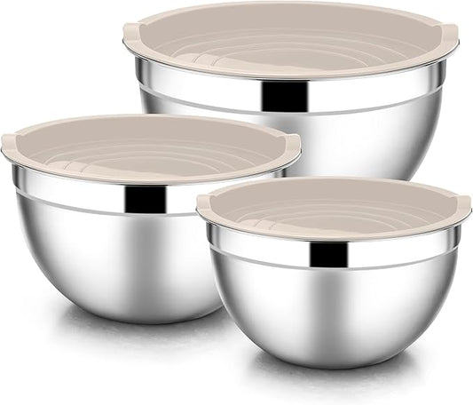 E-far Mixing Bowls with Lids, 6-Piece Stainless Steel Salad Bowls Metal Nesting Bowls for Baking Cooking and Prepping, Airtight Lids & Stackable Design, Size 4.5, 3, 1.5 QT (Khaki)