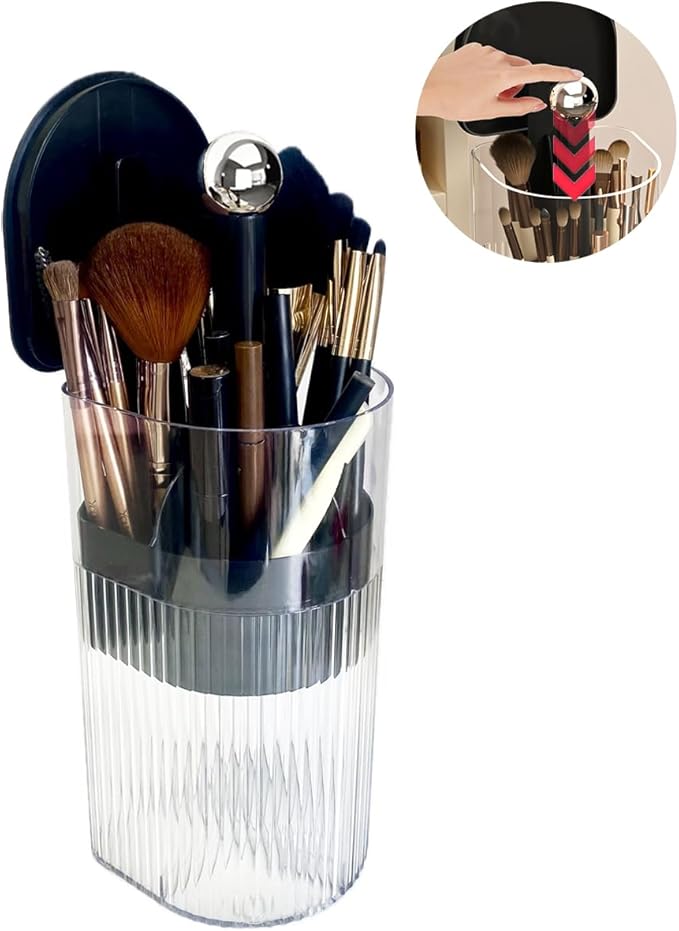 Makeup Brush Holder with Lid, One-Hand Press Open/Close Mechanism Cosmetic Tools Organizer, Clear Waterproof Dustproof Make Up Storage for Vanity, Bathroom Countertop-Black-Silver Ball
