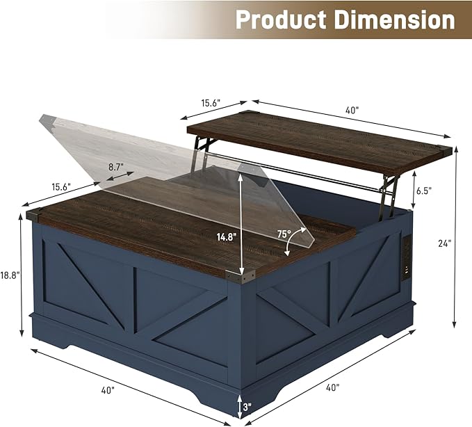40” Large Farmhouse Lift Top Coffee Table with Power Outlets and Large Hidden Storage, Square Wood Living Room Tables, Multi-Function Lift Wooden Barn Door Center Table, Blue