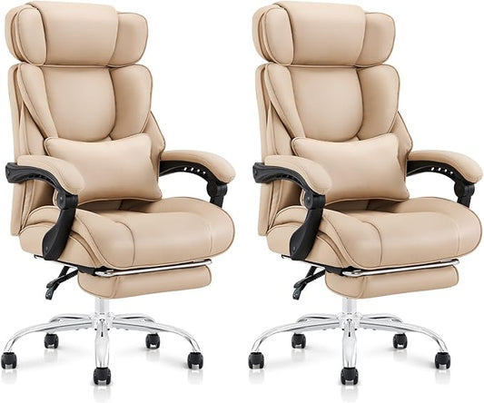 COLAMY Office Chair with Retractable Footrest, Ergonomic High Back Design Executive Computer Desk Chair with Removable Lumbar Pillow, 90-135°Reclining, Thick Bonded Leather, 2 PCs, Khaki