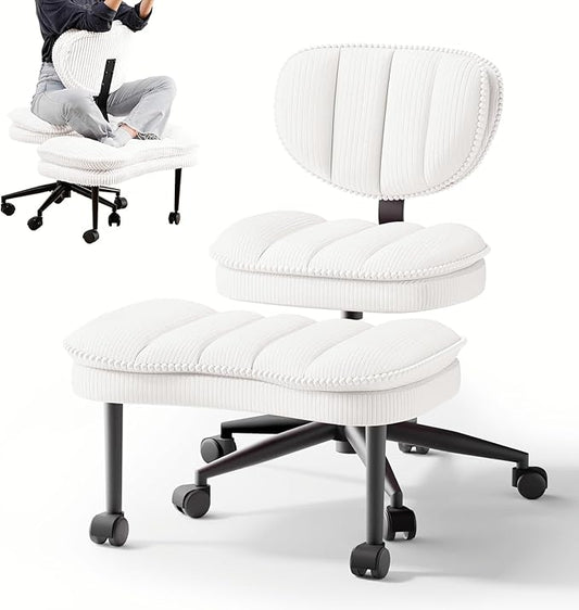 Cross Legged Office Chair, Ergonomic Cloud Criss Cross Desk Chair, Meditation Chair with Wheels, Height Adjustable Seat for ADHD, Wide Kneeling Chair with Back Support, Corduroy Fabric, White