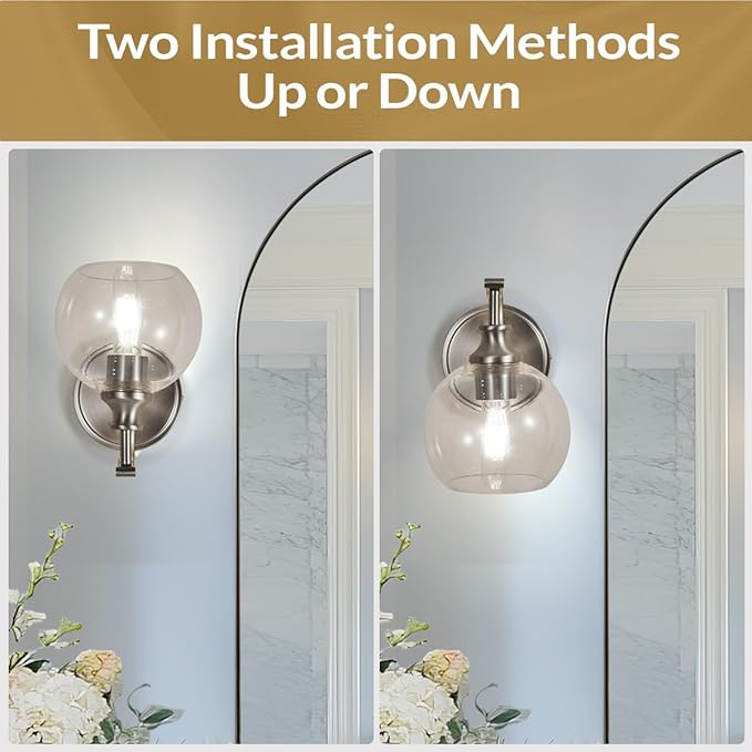 ANDY STAR Brushed Nickel Bathroom Light Fixtures, 1-Light Vanity Lights, Modern Bathroom Wall Sconces Lighting with Globe Clear Glass Shade Up or Down Wall Mounted for Kitchen, Living Room, Hallway