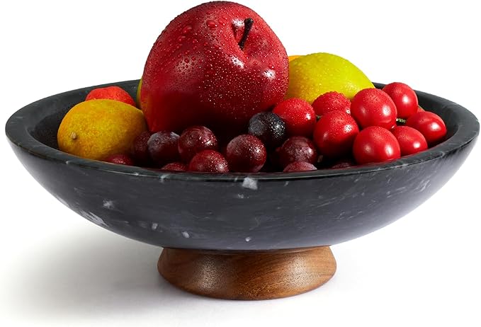 Black Marble Fruit Bowl with Acacia Wood Pedestal, Large Decorative Footed Bowl, Natural Stone Centerpiece for Kitchen Counter, Entryway, Keys, Dining Table, House Warming Gifts New Home(11Inch)