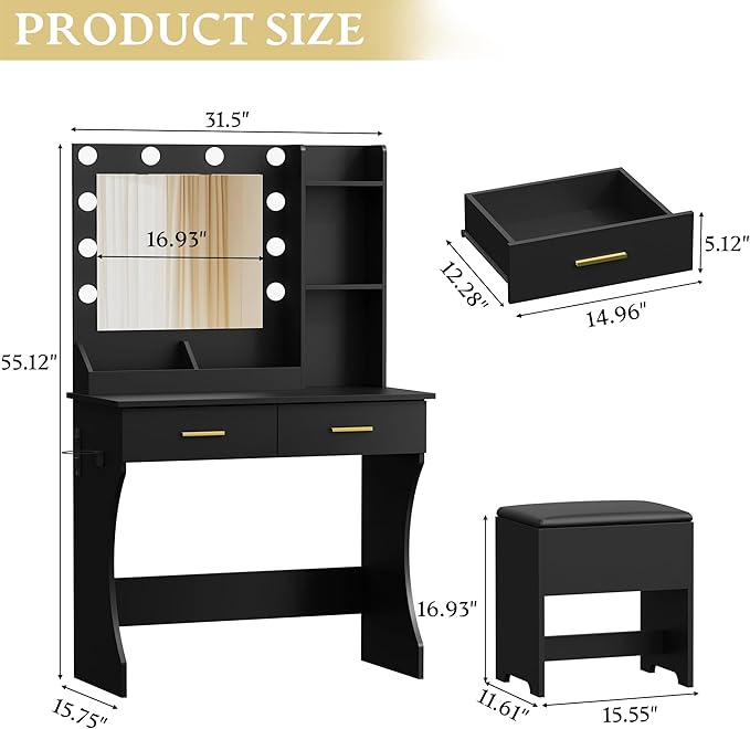 Vanity Desk with Mirror and Lights, Small Makeup Vanity Table Set with Storage Drawers & Power Outlets & Chair, 3 Lighting Modes & RGB Ambient Light, Dressing Table for Women Girls Bedroom, Black