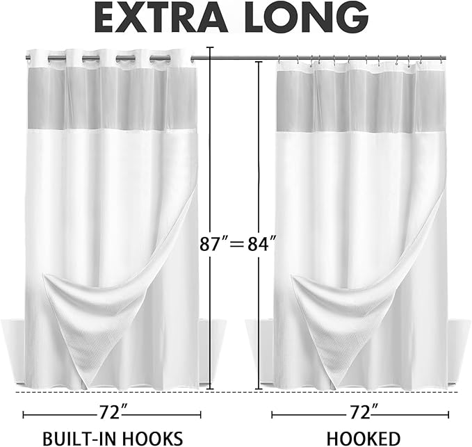 YellyHommy No Hook Shower Curtain with Snap in Fabric Liner Set Less Time White Waffle Shower Curtain for Bathroom 87" L x 72" W