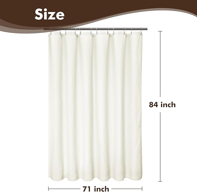 Barossa Design Extra Long Fabric Waffle Weave Shower Curtain 84 inch Height, Hotel Luxury Spa, Water Repellent, 230gsm Heavy Duty, Machine Washable, Cream Pique Pattern, 71x84
