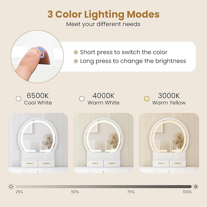 CHARMAID Vanity Desk with Mirror and Lights, Modern Makeup Vanity Table with 4 Drawers, 3-Color Dimmable LED Mirror, Girls Dressing Table and Stool Set for Small Bedroom (White)