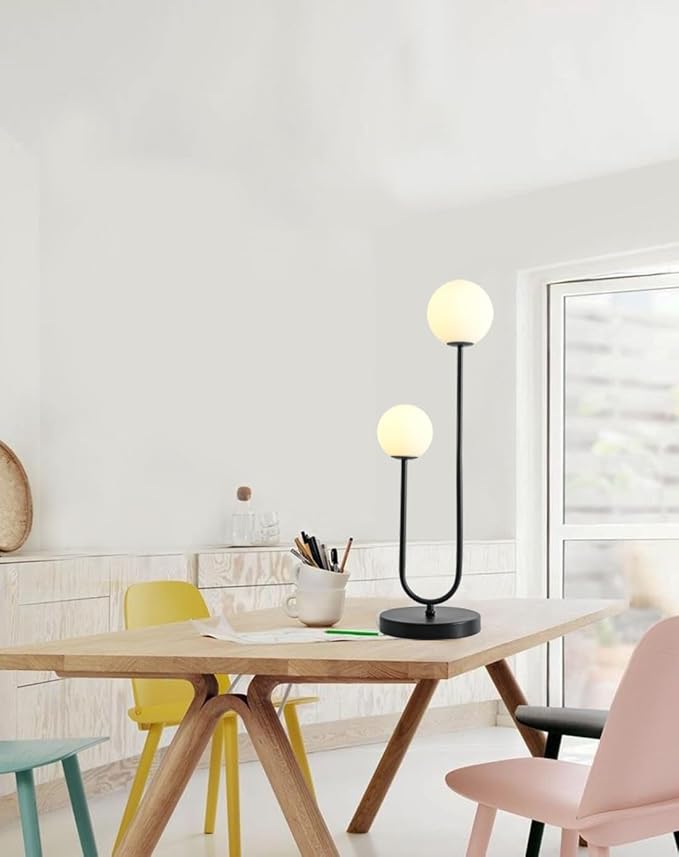 Black U-Shape 2-Light Table Light Mid Century Black Globe Table Lamp with Milk White Glass Shade Metal Base Nightstand Lamp for Bedroom Bedside,G9 Bulb