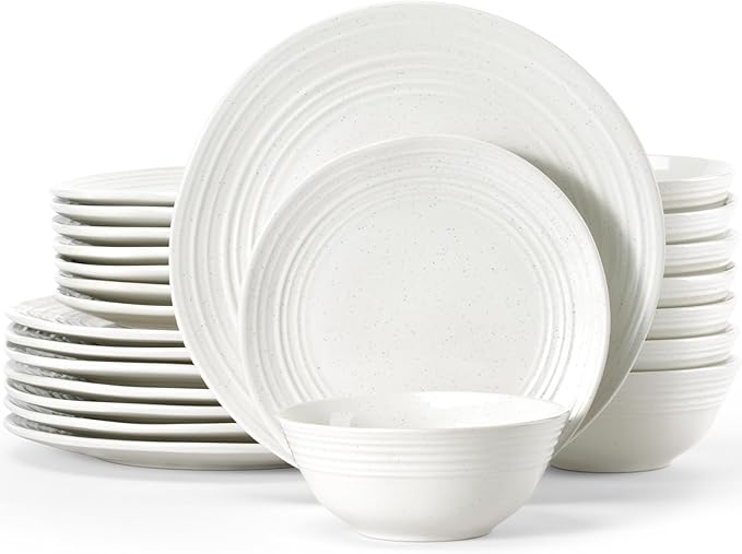 Famiware Plates and Bowls Sets 24-Piece Stoneware Dinnerware Sets, Dishes Set for 8, Speckled Hand-made Reactive Glaze Dish Set, Twilight Series, White