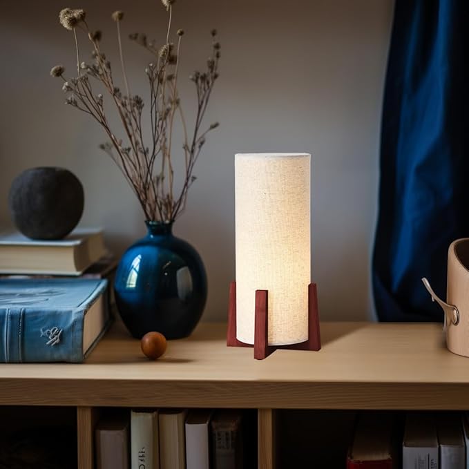 KUNJOULAM Modern Small Table Lamps, Nightstand Lamp with Linen Fabric Shade, 13.9" Cylinder Bedside Table Lamp for Bedroom, Cafe, Living Room Home Decor
