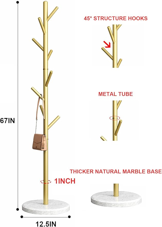 Freestanding Coat Rack with Natural Marble Base, 7 Heavy-Duty Hooks, Adjustable Height for Bedroom/Office/Hallway (Gold)