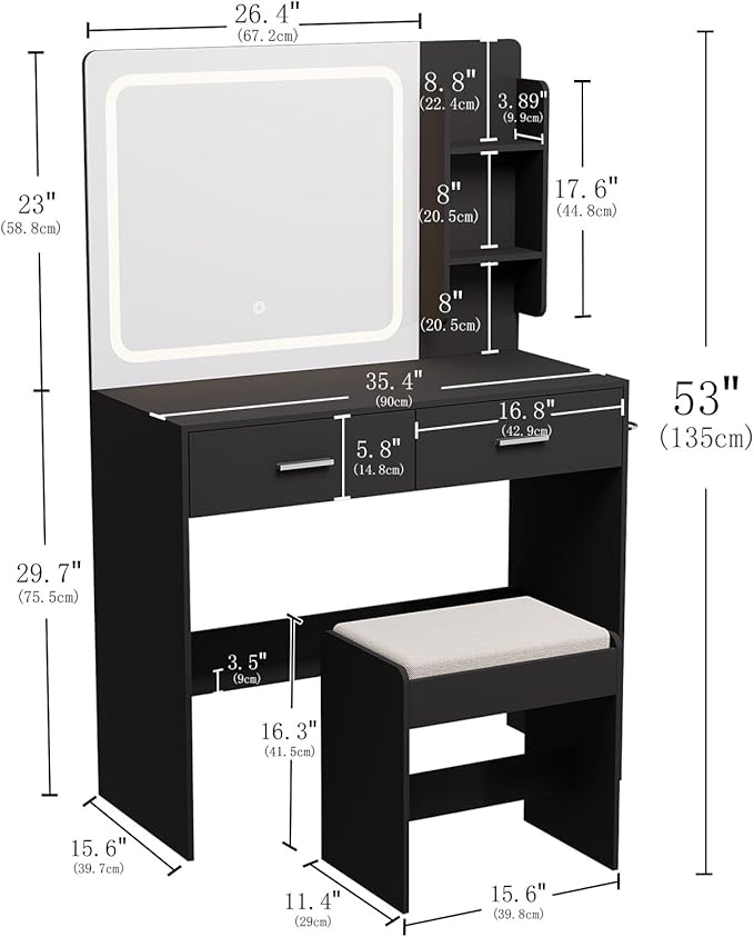 Makeup Vanity with Lighted Mirror & Electrical Outlet - 2 Shelves, 2 Drawers, Bottom Storage - Comes with Upholstered Stool （Black）