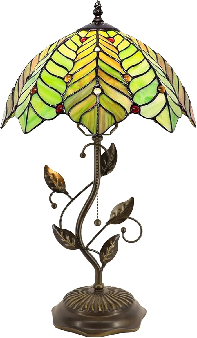 Tiffany Table Lamp, Stained Glass Desk Light, W12H19 Inch, Metal Leaf Base (Brown Green Leaf)
