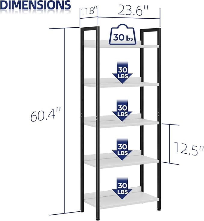 NUMENN Bookshelf, 5 Tier Bookshelves, Home Office Bookcase Shelf Storage Organizer, Free Standing Storage Shelving Unit for Bedroom, Living Room and Home Office, White&Black