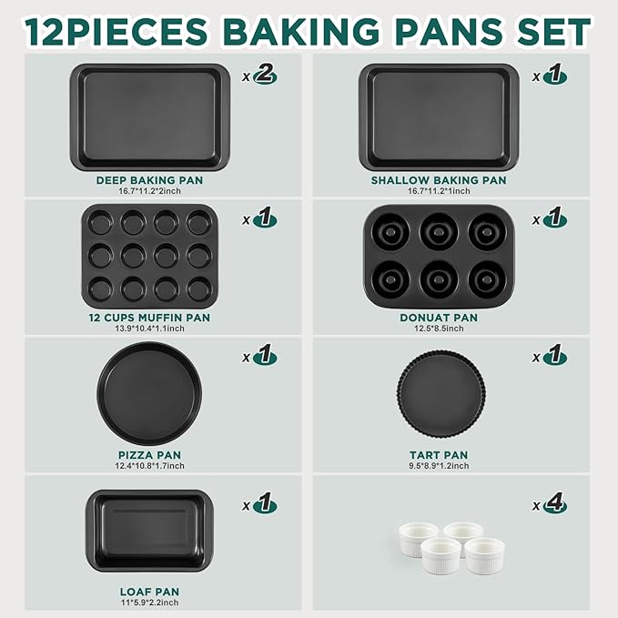 Remerry 12 Pieces Bakeware Set, Nonstick Baking Pans Set, Carbon Steel Oven Safe Nonstick Baking Pans Sets with Cake, Muffin Pan, Cookie, Pie, Tart, Quiche, Loaf Pan for Kitchen Bake Supplies