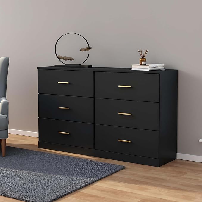 Modern 6 Drawer Dresser for Bedroom, Dresser Chest of Drawer with Large Drawers and Golden Handles, Wooden Dressers Drawer Storage Unit for Bedroom, Living Room or Closet (Black)