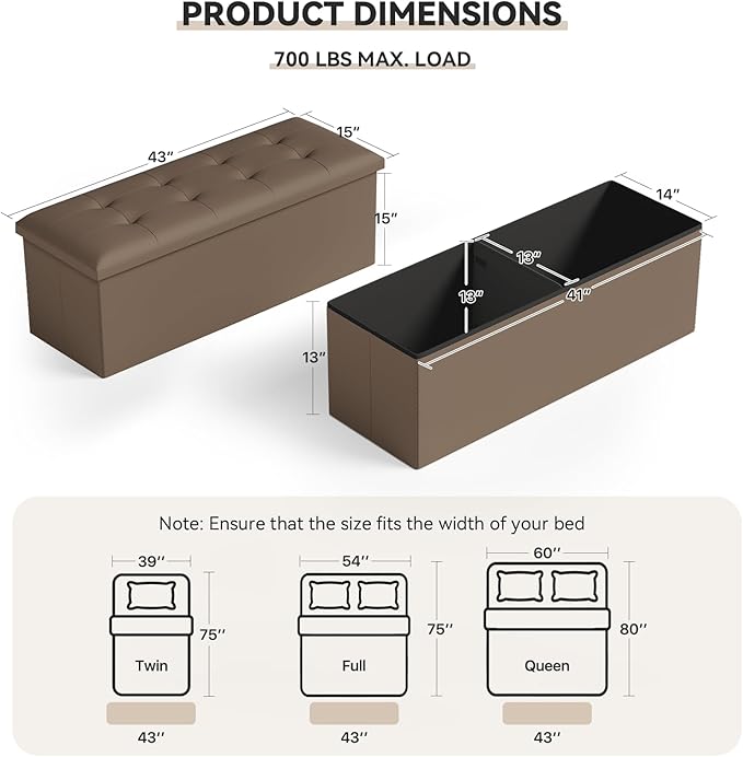 Storage Ottoman Bench, 43 Inch Ottoman Foot Rest, End of Bed Bench, Storage Chest, Load 700 lb, for Living Room, Bedroom, Entryway, Brown