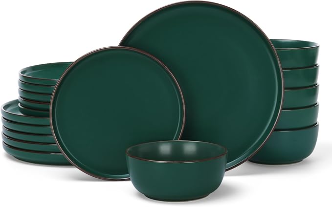 Famiware Mercury Plates and Bowls Sets, 18 Pieces Stoneware Dinnerware Sets, Dishes Set for 6, Microwave and Dishwasher Safe, Dark Green