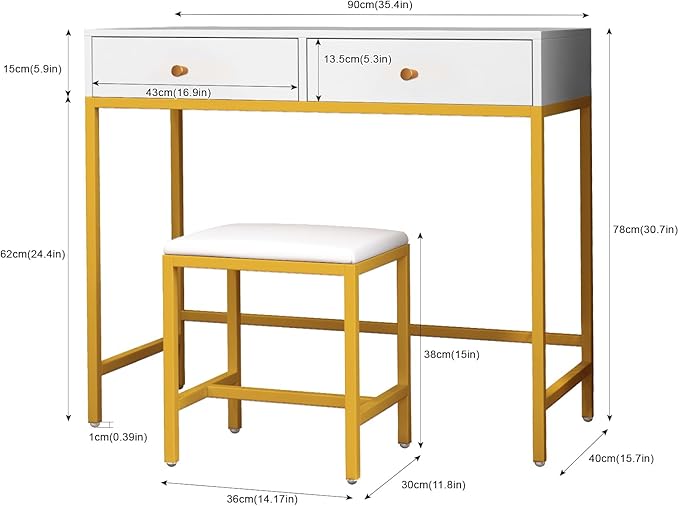 36" Small Vanity Desk, White Makeup Table No Mirror for Bedroom with 2 Storage Drawers, Girls Vanity Desk, Compact Makeup Table