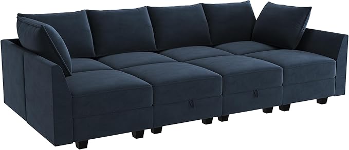 HONBAY Modular Sectional Sleeper Sofa Velvet Sleeper Couch with Storage Seats Oversized Sectional for Living Room,Dark Blue