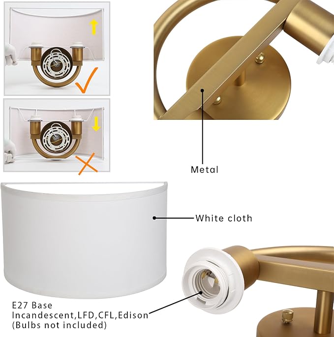 Industrial 2-Lights Wall Sconce Fixture with White Fabric Shade, Double Arm Wall Light Lamps Decor for Hallway Bedroom Living Room Bathroom Stairway