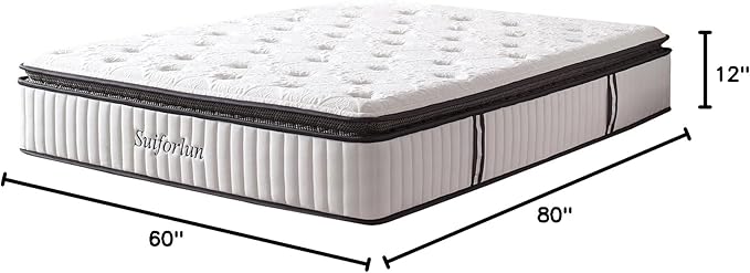 Suiforlun Queen Mattress 12 Inch, Pillow Top Gel Memory Foam Hybrid Mattress with Luxury 7 Layers, Zone Pocket Coils Innerspring for Back Pain Relief, Medium Firm, 120 Nights Trial