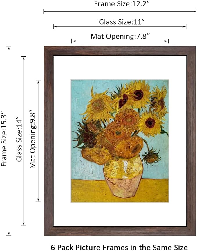 11x14 Picture Frame Set of 6 for Pictures 8x10 with Mat or 11x14 Without Mat, Wall or Tabletop Gallery Photo Frames Walnut