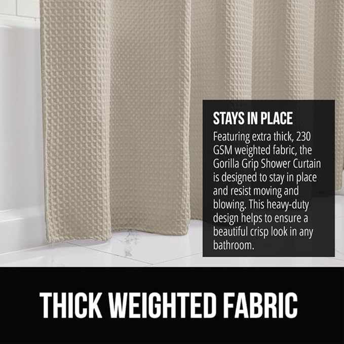 GORILLA GRIP Waffle Shower Curtain, Thick Weighted Fabric, Wrinkle and Rust Resistant, Classic Hotel Quality Design, Heavy Duty Long Curtains for Bathroom Showers, Bath Tubs, Machine Wash, 72x72 Beige