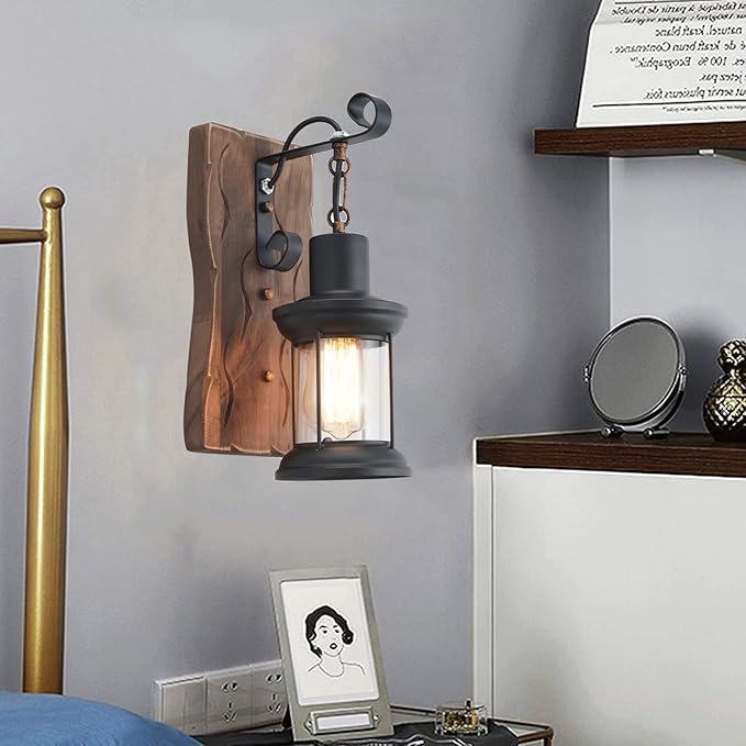 Vintage Industrial Wall Sconce, Rustic Light Fixtures Wood Metal Farmhouse Indoor Black Wall Sconce Fixture for Dining Room, Hallway, Hotel, bar, Porch Corridor Decorate