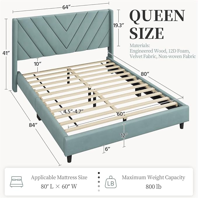 Yaheetech Queen Bed Frame Upholstered Platform Bed with Wing Side/Wooden Slat Support/Tufted Headboard with Wing Side/Mattress Foundation/No Box Spring Needed,Blue Lake Queen Bed