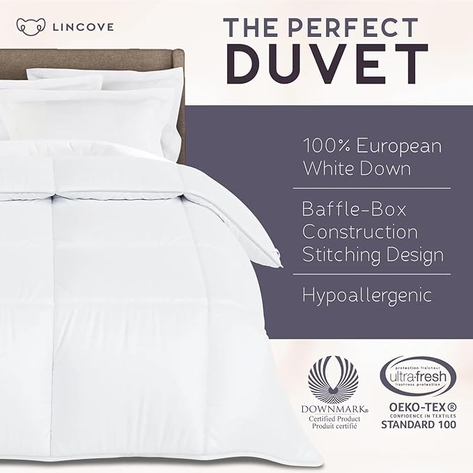Lincove European Down Comforter Queen Size - Breathable, Ultra-Soft & Fluffy Comforter Filled with 100% Natural White Down, Luxury Hotel Collection All Season Duvet Insert with Corner Tabs