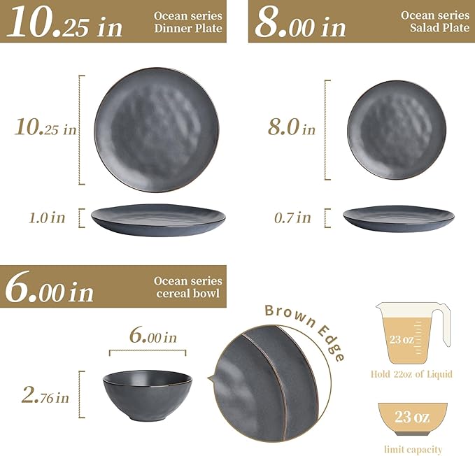 Famiware Dinnerware Sets for 4, Ocean Round 12-Piece Kitchen Plates and Bowls Sets, Microwave and Dishwasher Safe, Scratch Resistant, Matte Black