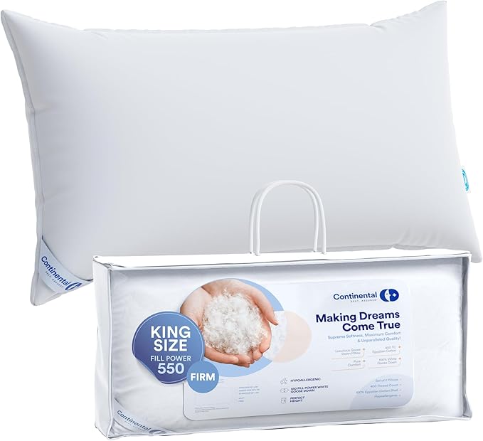 Firm Goose Down Pillow 1 Pack King Size 36 Ounce 20x36 Inch RDS Certified Fine Cotton Shell - Made in USA - Firm White Down Pillow