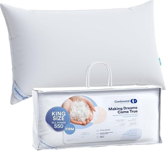 Firm Goose Down Pillow 1 Pack King Size 36 Ounce 20x36 Inch RDS Certified Fine Cotton Shell - Made in USA - Firm White Down Pillow