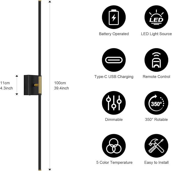 Battery Operated Wall Sconce Set of Two with Remote Control, 3000K-6000K Dimmable Black Gold Wall Lights, Timable LED Wireless Wall Sconces, 350° Ratate for Bathroom, Living Room, 39.4 Inch
