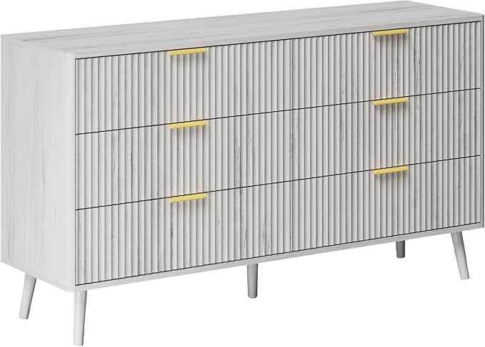LYNSOM 55" Wide Fluted Dresser for Bedroom with 6 Drawer, Modern Chest of Drawers with Curved Profile Design and Metal Handles, Wood Dresser TV Stand & Storage Organizer for Living Room, White