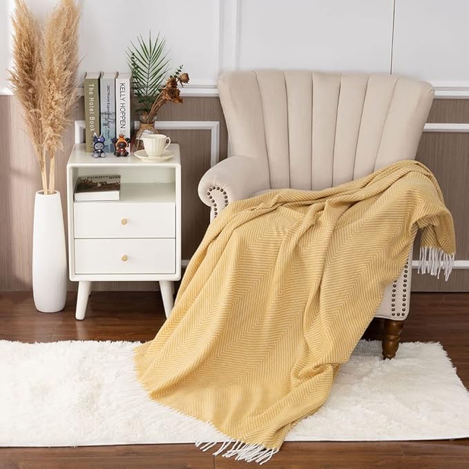Gealaek Decorative Herringbone Faux Cashmere Throw Blanket Yellow Cheveron Fringe Lightweight Fuzzy Soft Cozy Throws for Sofa Bed Farmhouse Throw Blanket 50" x 60"